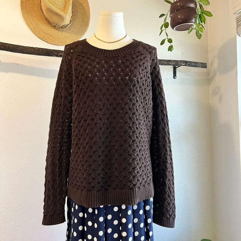 LOFT Cotton Chocolate Brown Chunky Woven Knit Crewneck Sweater Size Large